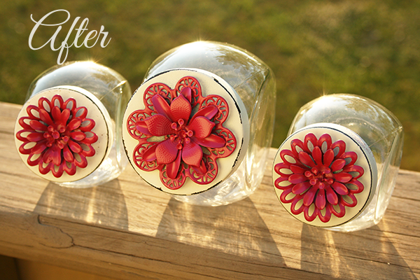 DIY Magenta Spray Painted Flower Lid Craft Jars After Transformation